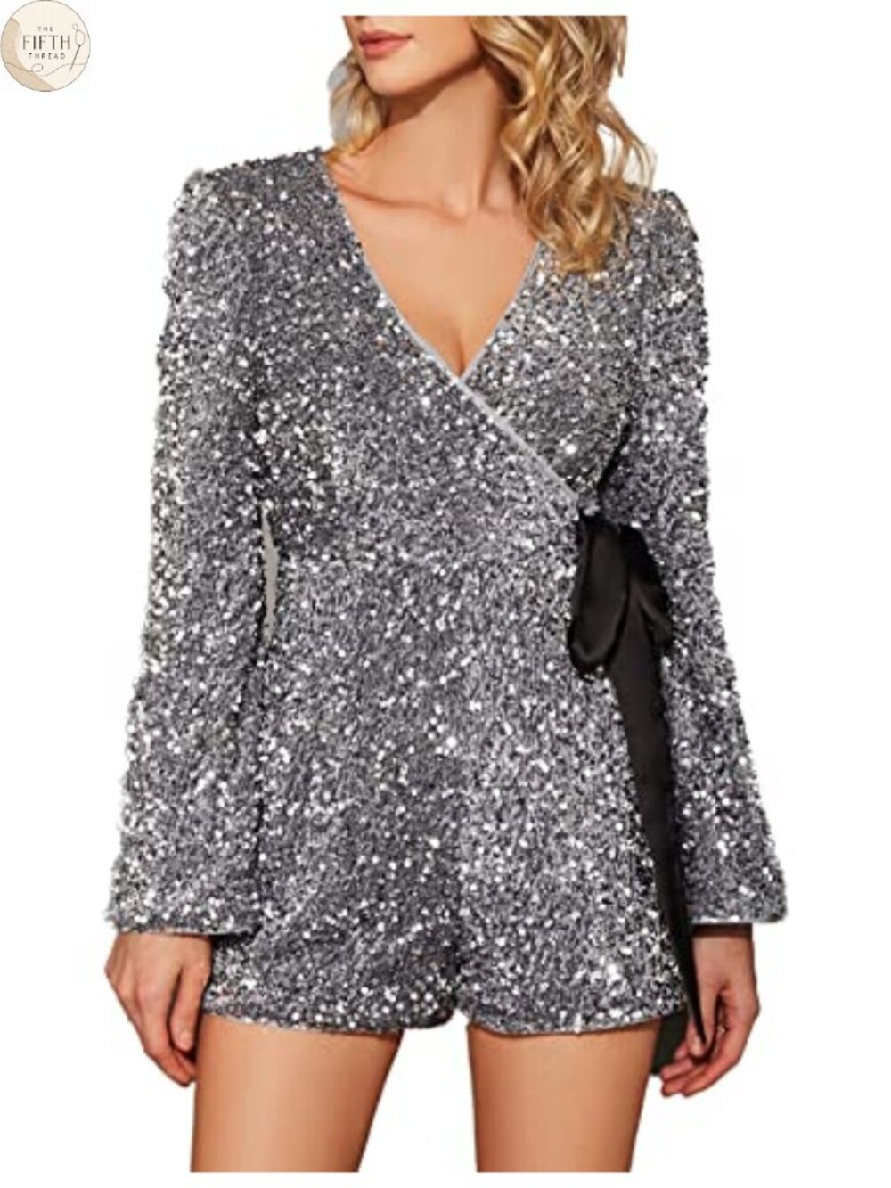 Sequin Romper Bell Long Sleeve Surplice Playsuit Party Disco Wedding